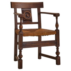 French Rush + Oak Armchair in the Manner of Charles Dudouyt, 1940s - 2 Available