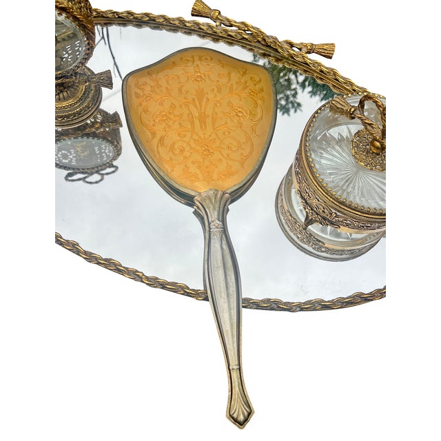 Brass Vintage Brass Gold Vanity Make Up Set With Tray Perfume Mirror Powder For Sale - Image 8 of 9