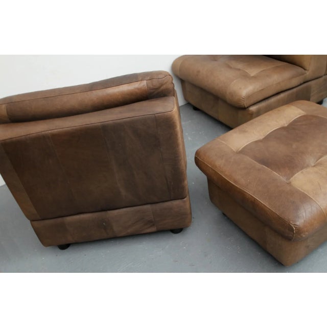 Brown Leather Patchwork Lounge Chairs and Stool, 1970s, Set of 3 For Sale - Image 9 of 15