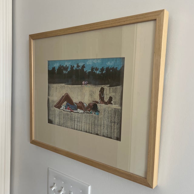 Blue Vintage 1970s Pastel Painting of Sun Bathers For Sale - Image 8 of 10