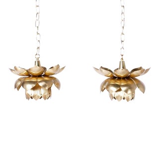 Pair of Brass Lotus Pendants or Light Fixtures For Sale