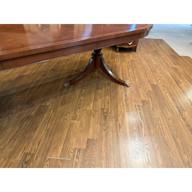 Traditional Oval Banded Mahogany Double Pedestal Dining Table by Leighton Hall - Showroom Sample For Sale - Image 10 of 12