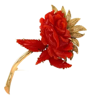 Carved Coral Flower Stem 18k Yellow Gold Brooch