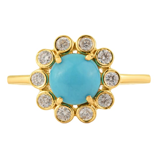 1.25ct Turquoise & Diamond Floral Vintage Cocktail Ring Size 5.5 in 14k Yellow Gold For Sale