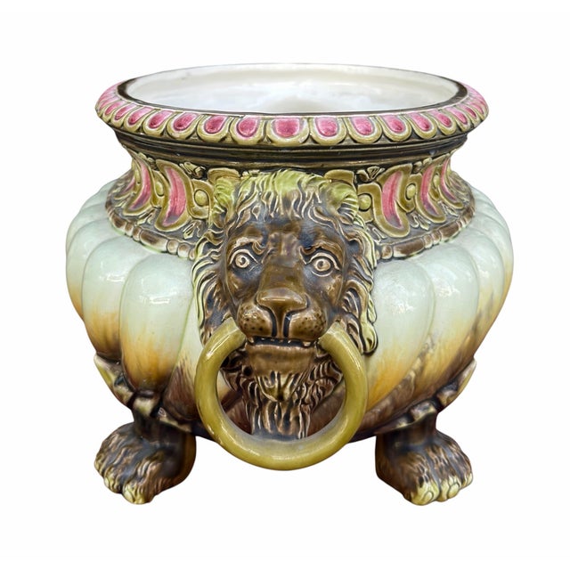 Antique Art Nouveau Lion Head Majolica Pottery Jardiniere by Julius Dressler For Sale - Image 4 of 6