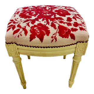 Antique Carved & Red Floral Needlepoint Footstool For Sale