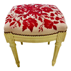 Antique Carved & Red Floral Needlepoint Footstool