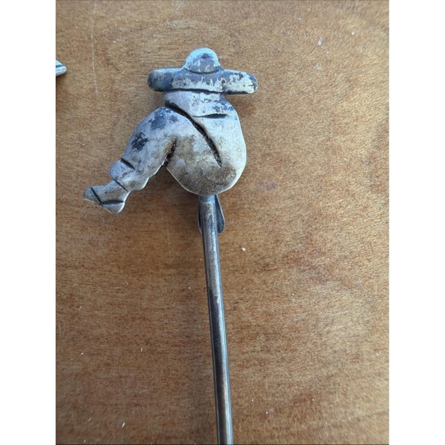 Mid 20th Century Vintage 925 Sterling Silver Figural Cocktail Picks – Man, Drum, Blanket & House For Sale - Image 5 of 9
