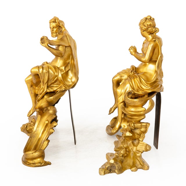 French Rare Pair of French Antique Bronze Fireplace Chenets “Vulcan and Venus" For Sale - Image 3 of 17