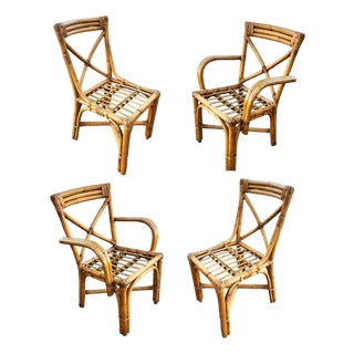 1940s Restored Mid-Century Loop Arm Rattan Dining Chairs With "X" Back- Set of 4 For Sale