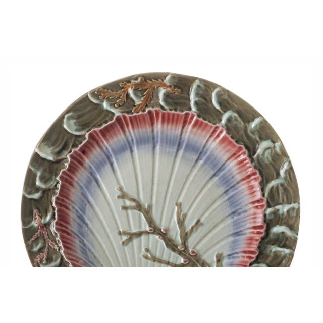 Hard-to-find Wedgwood majolica plate designed in the shape of a large scallop shell with pink and purple edges, surrounded...