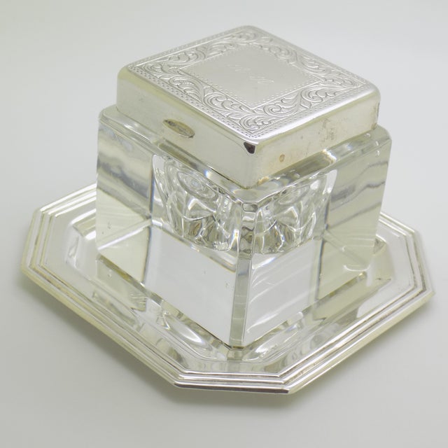 Silver Vintage Italian Handmade Genuine Silver Inkwell in Glass and Silver with Tray from Prato Tuscany, 1970s For Sale - Image 8 of 18