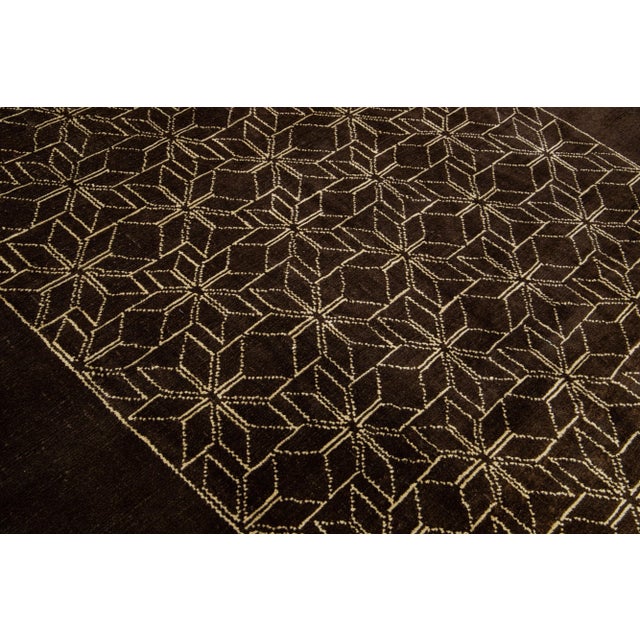 Modern Moroccan Style Handmade Geometric Dark Brown Wool Rug For Sale In New York - Image 6 of 8