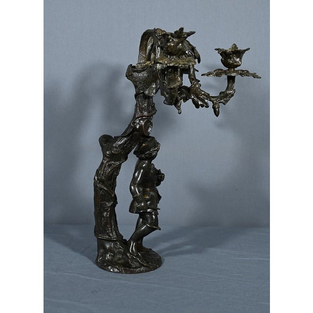 Metal Three-Light Candelabra in Patinated Bronze For Sale - Image 7 of 18