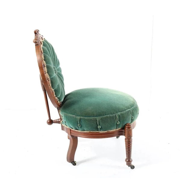 19th Century Victorian Mahogany Carved Balloon Back Emerald Velvet Chair on Casters- So Charming! For Sale In West Palm - Image 6 of 8