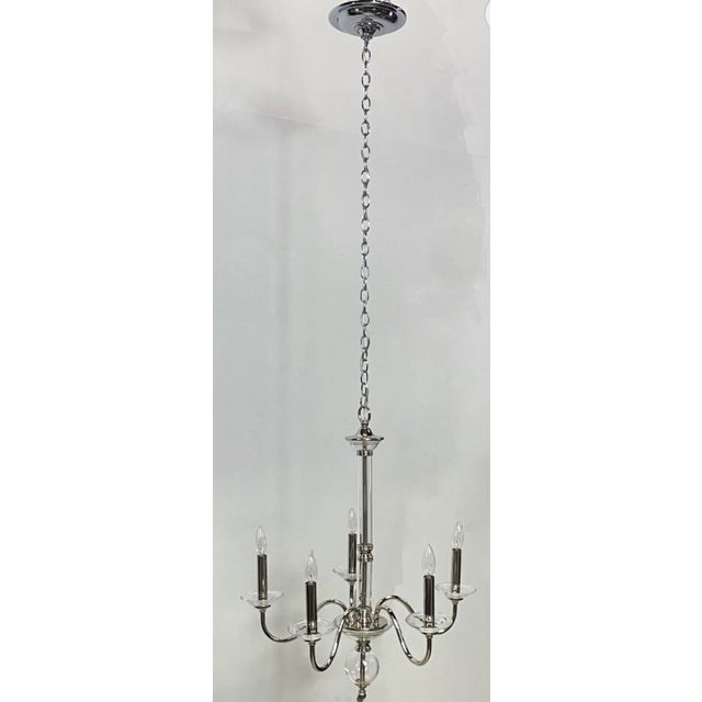 2000 - 2009 Restoration Hardware Retired Modern Chrome/Glass 5-Arm Chandelier For Sale - Image 5 of 13