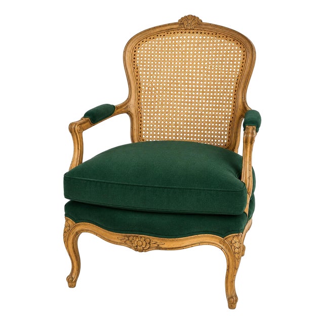 Mid 20th Century French Louis XV Caned Bergère Armchair — Original Finish With Emerald Green Cushion Cover For Sale