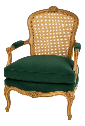 Mid 20th Century French Louis XV Caned Bergère Armchair — Original Finish With Emerald Green Cushion Cover