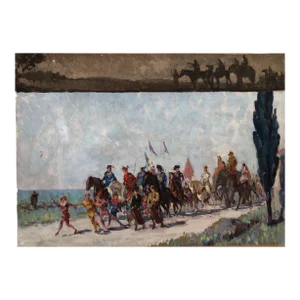 Early 20th Century French Impressionist Oil Painting of a Circus Parade (2nd Painting of Night Silhouette Scene on Top)