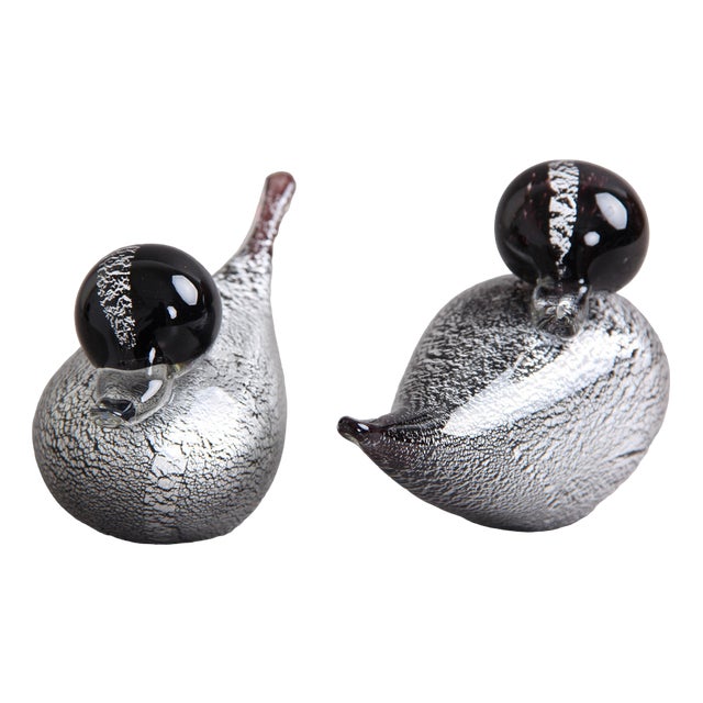 Italian Ducks with Black and Silver Effects in Murano Glass, 1970s, Set of 2 For Sale