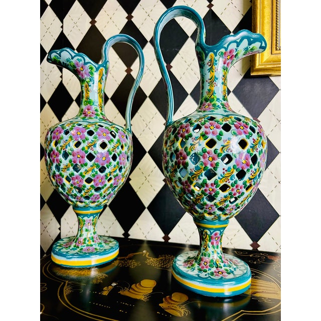 Pair Signed J. Leonardo Portuguese Hand-Painted Reticulated Ceramic Ewers, 15" For Sale - Image 14 of 17