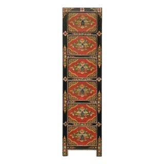 Tibetan Style Red Flower Graphic Slim Narrow 6 Drawers Storage Cabinet For Sale