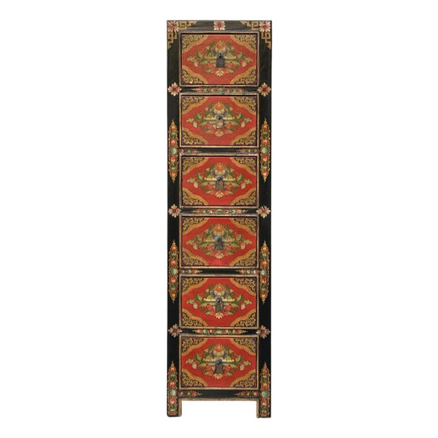 Tibetan Style Red Flower Graphic Slim Narrow 6 Drawers Storage Cabinet For Sale