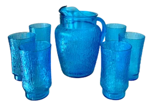 Circa 1973 “Pagoda” Laser Blue 7-Piece Beverage Set by Anchor Hocking