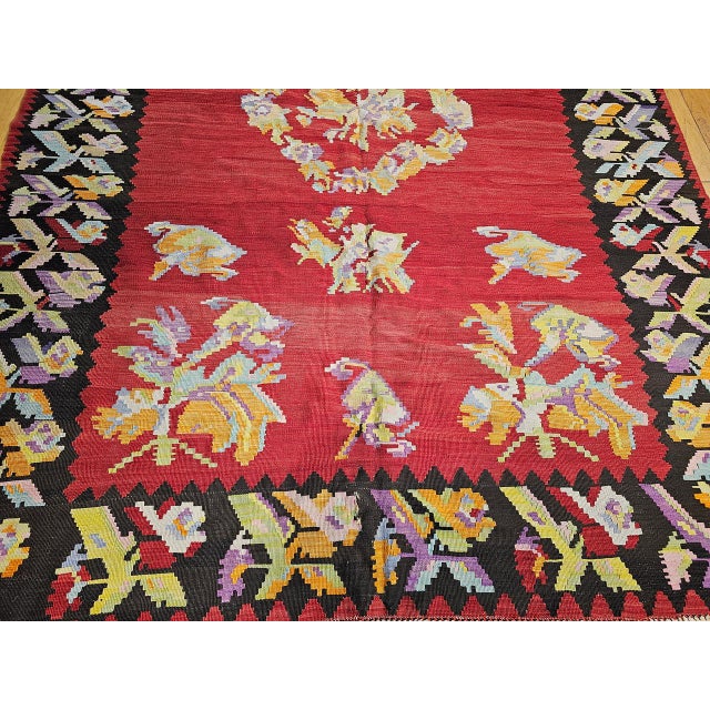 Textile Vintage Caucasian Karabagh Kilim, Handwoven Floral Pattern, Red & Black, 7x10 For Sale - Image 7 of 12