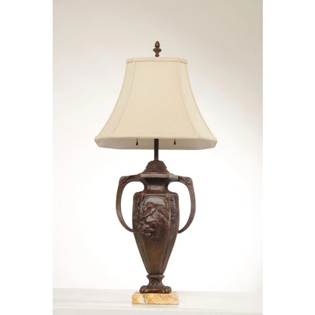 High Quality Antique Late 19th Century French Two-Light Patinated Metal Table Lamp Mounted on Square Marble Base