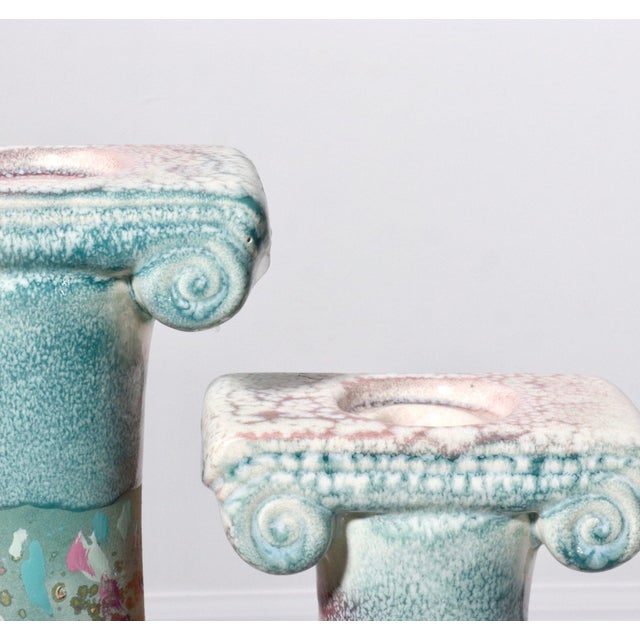 Teal 1980s Tony Evans Sculptural Raku Pottery Column Candlesticks - a Pair For Sale - Image 8 of 11