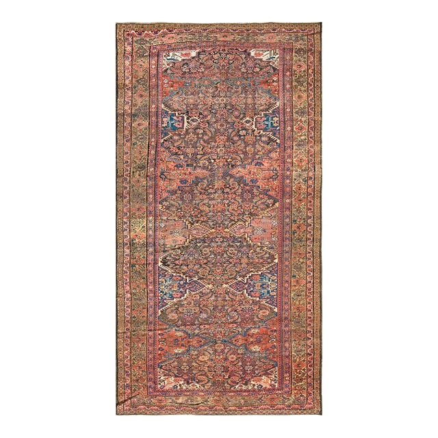 1900s Brown Medallion Antique W. Persian Kurdish Gallery Rug 6'4" X 12'3" Handknotted Wool Carpet For Sale