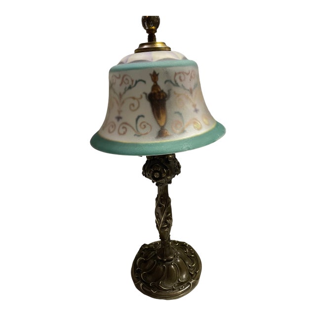 1930s Art Deco Signed Pairpoint Reverse Painted Lamp W/Bronze Base For Sale