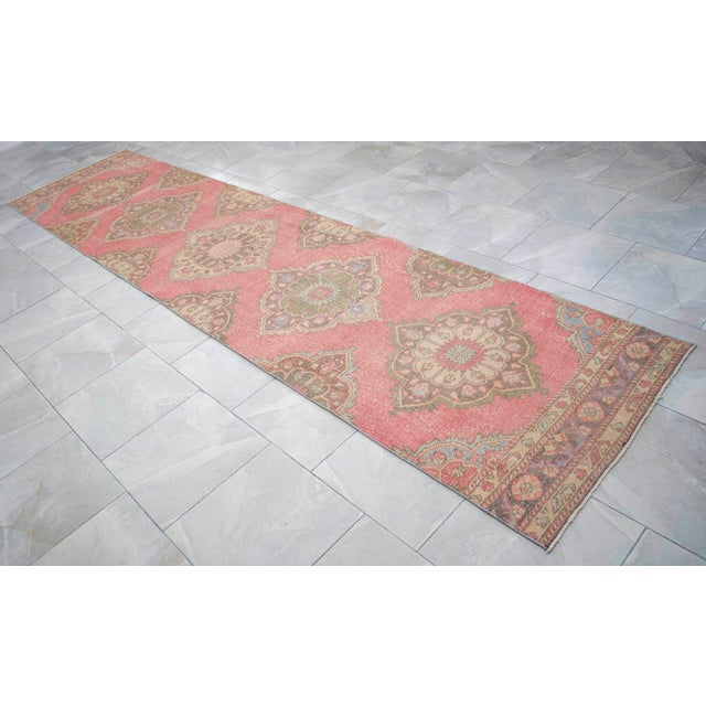 1960s Traditional Turkish Runner Rug Hand Knotted Distressed Low Pile Pink Hallway Decor For Sale - Image 6 of 13