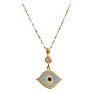 Celestial Protection Light Blue Evil Eye Gold Necklace For Sale