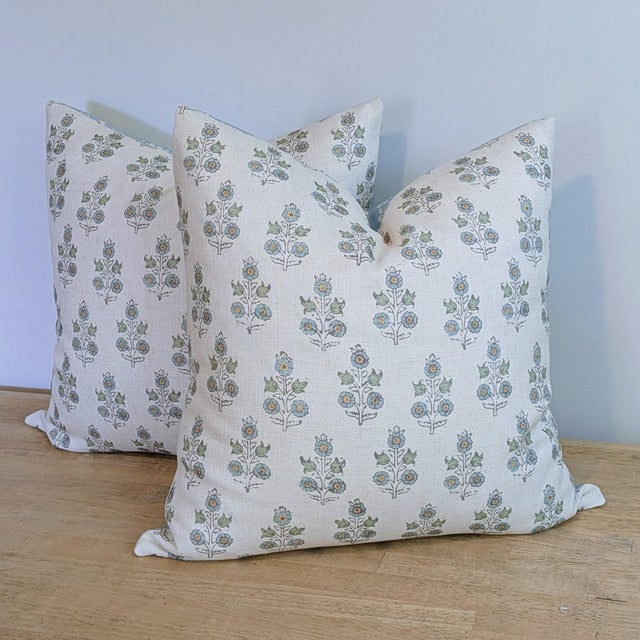 GP & J Baker Poppy Sprig pillows in aqua (aqua toned blue and green on cream background), with fun Brunschwig & Fils Les...