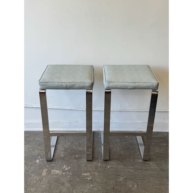 Vintage Pair of Milo Baughman Style Barstools in Blue-Gray Alligator Vinyl For Sale In Los Angeles - Image 6 of 11