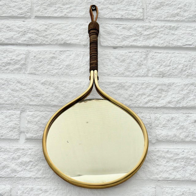Mid-Century Handheld Vanity Mirror in Brass, Leather and Rattan, Sweden, 1950s For Sale - Image 4 of 8