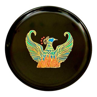 1960s Couroc Phoenix Bird Legend Round Black Lacquerware Tray For Sale