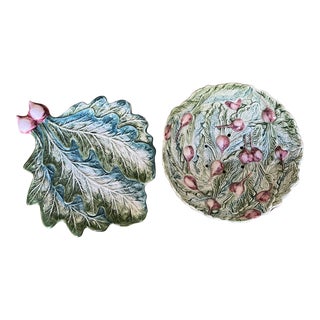 Vintage French Majolica Colander Bowl and Plate With Radish Design- 2 Pieces For Sale
