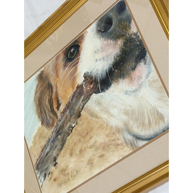 Brown Framed Signed Original Watercolor Portrait of a Playful Terrier at the Beach by Capt Wick Reed For Sale - Image 8 of 12