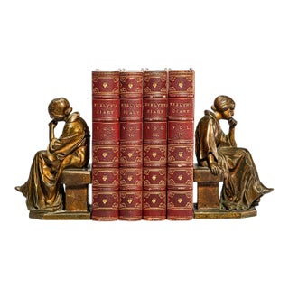 Rare Antique Bertolini Clemente “Pensive” Bronze Woman Figural Sculpture Statue Bookends Ovington New York Luxury Home Decor Art For Sale