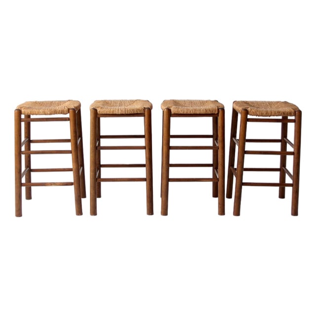 Mid-Century Rush Seat Stools Set of 4 For Sale