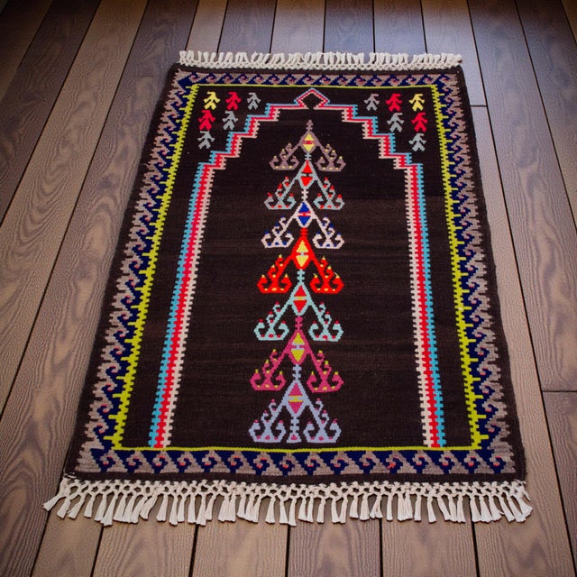 Tribal Handwoven Kilim 3x4 - Vintage Turkish Prayer Rug - Dark Brown Organic Wool - Tree of Life Wall Hanging - Small Tribal Accent Rug For Sale - Image 3 of 11