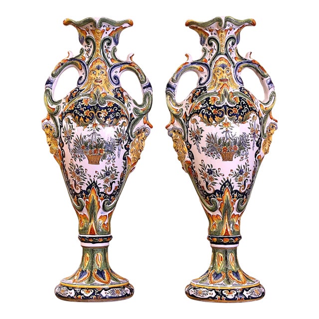 Pair of Early 20th Century French Hand Painted Faience Vases From Rouen For Sale