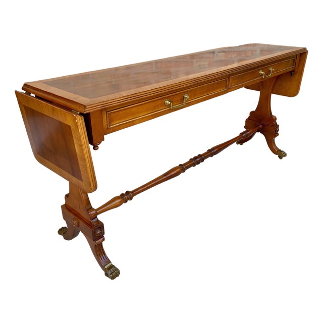 Mid 20th Century Winged Console Table in Walnut with Claw Feet in Bronze with Drawers and Wheels For Sale