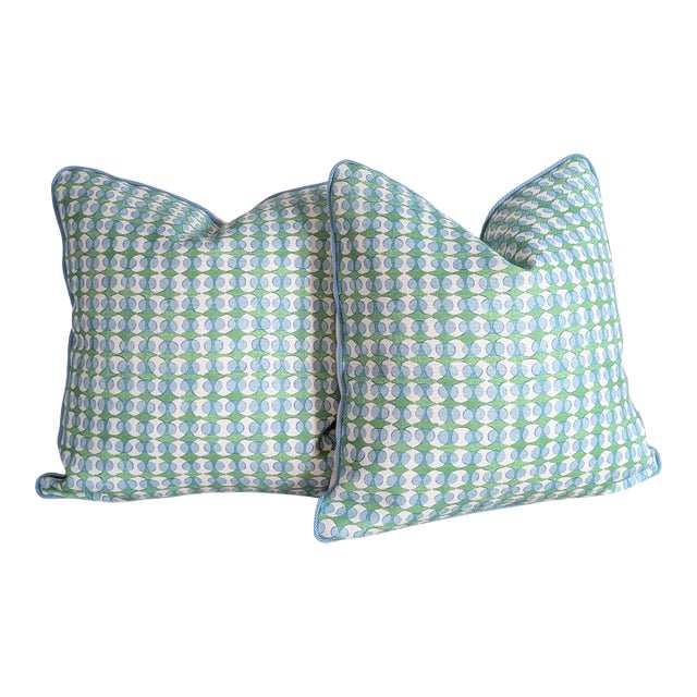 Galbraith & Paul Ovals Pillows in Blue and Green- Pair With Blue Braided Cord For Sale