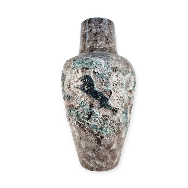 Large German ceramic floor vase with a textured surface, relief decoration, reminiscent of stone, from the 1970s. In good...