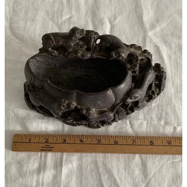 Brick Red Chinese Antique Carved Dogs Soapstone Brush Washer & Stand For Sale - Image 8 of 11