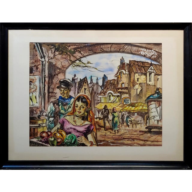 Frank Howard Bowers -Young Couple at the French Market -Painting 1954 Watercolor on paper-signed and dated 1954 underglass...
